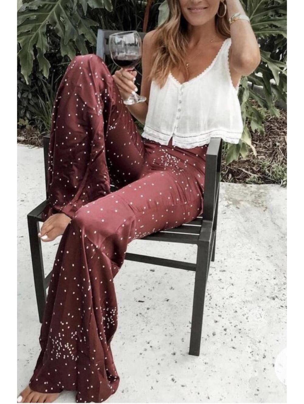 Line & Dot Satin Fit & Flare Pants Sz Large Maroon /Polka Dots Hippie Boho Vacay